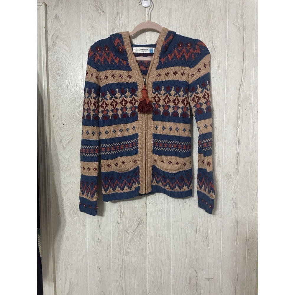 Anthropologie Sparrow Blue Beige Aztec Nordic Knit Full Zip Hoodie Jacket Sz S